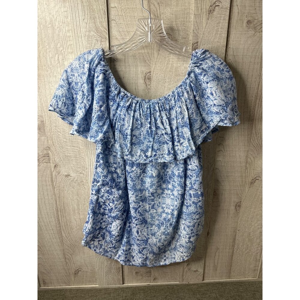 Claudia Richard Blue & White Floral Off-Shoulder Blouse Medium - Picture 2 of 8